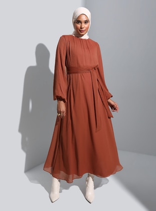 Copper color - Crew neck - Fully Lined - Modest Dress - Refka