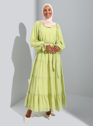 Green - Crew neck - Fully Lined - Modest Dress - Refka