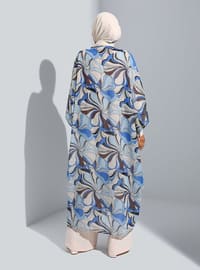 Ecru - Saxe Blue - Floral - Unlined - Double-Breasted - Abaya