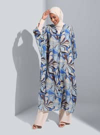 Ecru - Saxe Blue - Floral - Unlined - Double-Breasted - Abaya