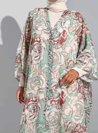 Brown - Green - Floral - Unlined - Double-Breasted - Abaya