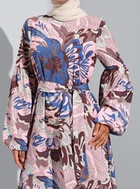 Powder Pink - Saxe Blue - Floral - Crew neck - Unlined - Modest Dress