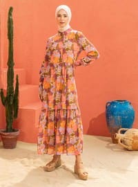 Lilac - Salmon - Floral - Point Collar - Fully Lined - Modest Dress