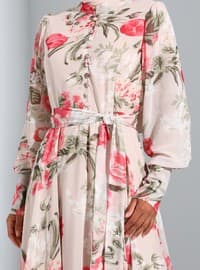 Ecru - Pink - Floral - Crew neck - Fully Lined - Modest Dress