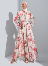 Ecru - Pink - Floral - Crew neck - Fully Lined - Modest Dress