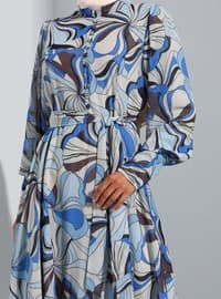 Ecru - Blue - Floral - Crew neck - Fully Lined - Modest Dress