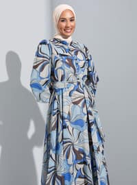Ecru - Blue - Floral - Crew neck - Fully Lined - Modest Dress