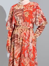 Salmon - Orange - Floral - Crew neck - Fully Lined - Modest Dress
