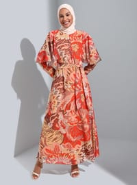 Salmon - Orange - Floral - Crew neck - Fully Lined - Modest Dress