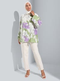 Lilac - Green - Floral - Crew neck - Blouses