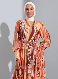 Brown - Salmon - Ethnic - Crew neck - Fully Lined - Modest Dress