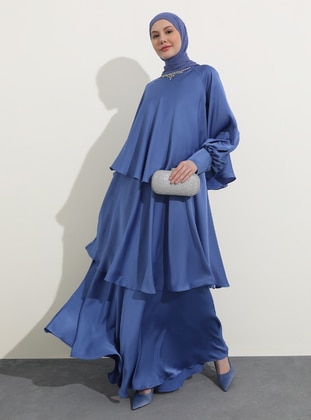 Blue - Fully Lined - Crew neck - Modest Evening Dress - Refka
