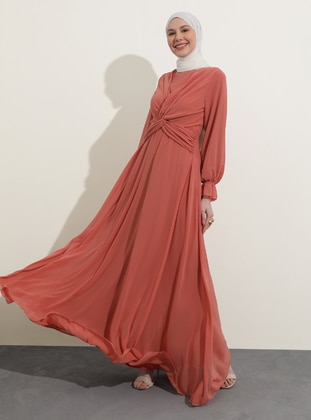 Salmon - Fully Lined - Crew neck - Modest Evening Dress - Refka