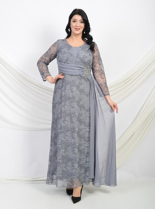 Gray - Fully Lined - V neck Collar - Modest Plus Size Evening Dress - LILASXXL