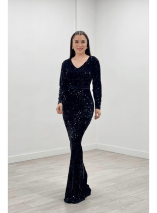 Sequin Fabric Satin Belt Evening Dress Black