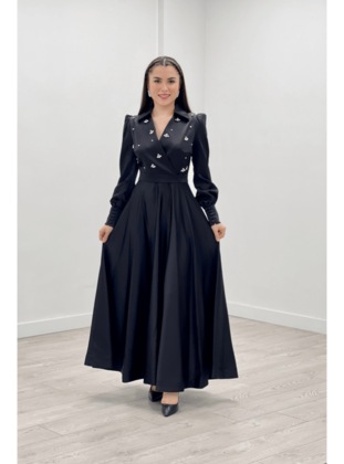 Satin Fabric Stone Detailed Evening Dress Black