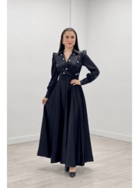 Satin Fabric Stone Detailed Evening Dress Black