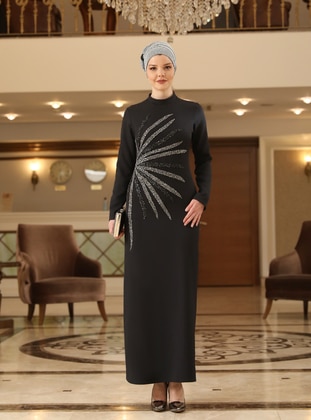 Black - Unlined - Crew neck - Modest Evening Dress - Ahunisa
