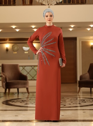 Brick Red - Unlined - Crew neck - Modest Evening Dress - Ahunisa