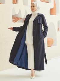 Navy Blue - Double-Breasted - Shawl Collar - V neck Collar - Trench Coat