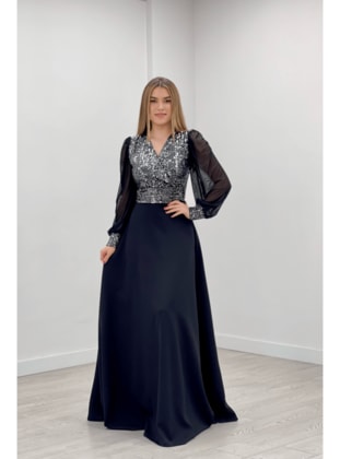 Sequin Fabric Sleeves Tulle Evening Dress Sılver