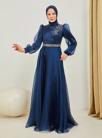 Silvery Evening Dress With Belt And Chest Stone Detail Navy Blue