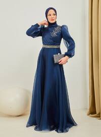 Silvery Evening Dress With Belt And Chest Stone Detail Navy Blue