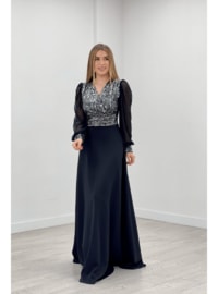 Sequin Fabric Sleeves Tulle Evening Dress Sılver