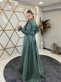 Green - Fully Lined - V neck Collar - Modest Evening Dress