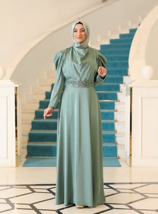 Green Almon - Unlined - Crew neck - Modest Evening Dress - Rabeysa