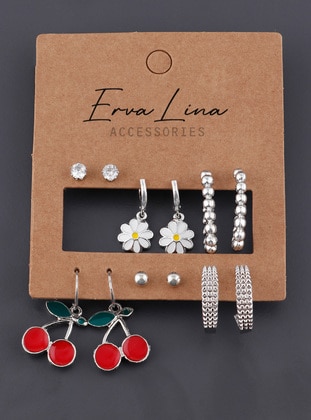Cherry And Daisy Figured Set Earring Set Silver Color Color Color