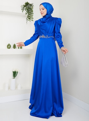 Saxe Blue - Unlined - Crew neck - Modest Evening Dress - Rabeysa