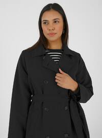 Black - Unlined - V neck Collar - Plus Size Trench coat