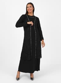 Noir - Tissu non doublé - Col rond - Robe grande taille Modeste