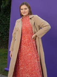 Beige - Unlined - Double-Breasted - V neck Collar - Plus Size Trench coat