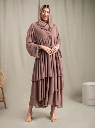 Coffee with milk - Unlined - V neck Collar - Abaya - Sowit