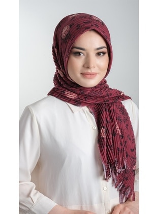 Burgundy Practical Instant Fitted Hijab Scarf Cut Fiber Pleated Floral Patterned 1818D6_16
