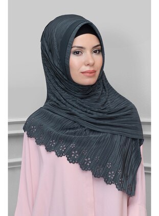 Smoke Colored Practical Instant Fitted Hijab Scarf Fukuro Pleated Floral Patterned Laser Cut 1827_25