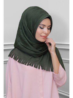 Khaki Back Tie Hijab Scarf Cut Fiber Pleated Fringed Laser Cut 1918_09