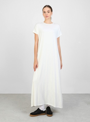 Off White - Crew neck - Unlined - Modest Dress - Refka