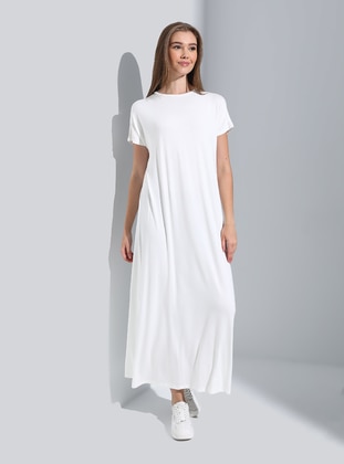 Off White - Crew neck - Unlined - Modest Dress - Refka