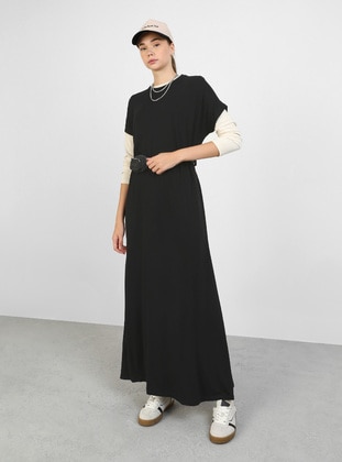 Black - Crew neck - Unlined - Modest Dress - Refka