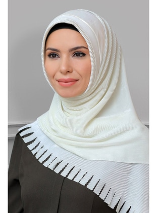 Cream-Beige Practical Instant Fitted Hijab Scarf Fukuro Pleated Fringed Laser Cut 1820_40
