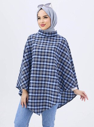 Blue - Checkered -  - Unlined - Poncho - Tofisa