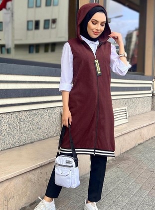 Zippered Hooded Long Vest Brown