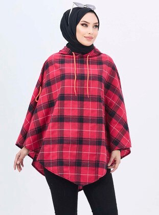 Red - Plaid - Unlined - Poncho - Tofisa