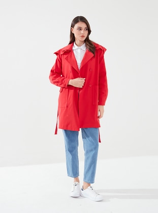 Red - Fully Lined - Shawl Collar - Trench Coat  - Sahra Afra