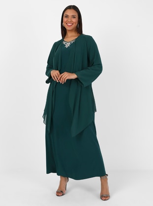 Green - Fully Lined - Crew neck - Modest Plus Size Evening Dress - Atay Gökmen