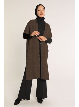 Women's Long Knıt Vest Wıth Long Sıde Slıts Coffee Color