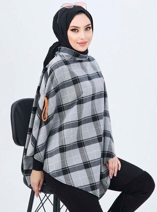 Grey - Checkered -  - Unlined - Poncho - Tofisa
